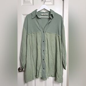Three Bird Nest Long Sleeve Sage Green Button-Up Dress